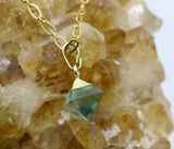 Fluorite Pyramid Cube 14K Gold Necklace