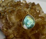 Labradorite Teardrop Necklace + Beaded Chain 14K Gold Necklace