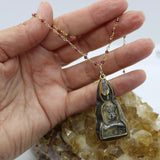 Beaded Chain ~ Vintage Thai Buddha Pendant + Garnet + Herkimer Diamond Droplet