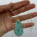 Amazonite Teardrop Pendant + Aquamarine Beaded Chain + Aquamarine Droplet 14K Gold PRE ORDER ONLY!