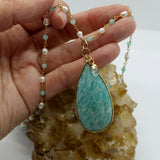 Beaded Chain ~ Amazonite Teardrop Pendant + Aqua Chalcedony + Pearl Beaded Chain + Aquamarine Droplet PRE ORDER ONLY!