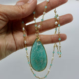 Beaded Chain ~ Amazonite Teardrop Pendant + Aqua Chalcedony + Pearl Beaded Chain + Aquamarine Droplet PRE ORDER ONLY!