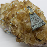 Beaded Chain ~ Patina Triangle Buddha Pendant + Aquamarine Beaded Chain + Aquamarine