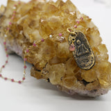 Beaded Chain ~ Oval Buddha Pendant + Pink Tourmaline + Pearl Beaded Chain Teardrop Droplet