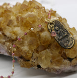 Beaded Chain ~ Oval Buddha Pendant + Pink Tourmaline + Pearl Beaded Chain Teardrop Droplet