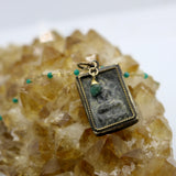 Beaded Chain ~ Square Vintage Thai Buddha Pendant + Emerald Beaded Chain
