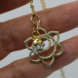 Blooming Lotus Flower 14KGold Necklace + Aquamarine Bead Droplet