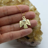 Thunderbird Pendant + Aquamarine Bead Droplet 14K Gold Necklace