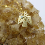 Thunderbird Pendant + Aquamarine Bead Droplet 14K Gold Necklace