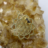 Flower of Life & Herkimer Diamond Droplet 14K Gold Necklace