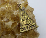 Triangular Sitting Buddha + Droplet Gemstone 14K Gold Beaded Necklace