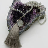 Mala ~ Moonstone + Clear Quartz Mala with Dharma Wheel - PREORDER ONLY!