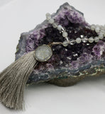 Mala ~ Moonstone + Clear Quartz Mala with Dharma Wheel - PREORDER ONLY!