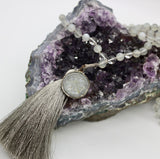 Mala ~ Moonstone + Clear Quartz Mala with Dharma Wheel - PREORDER ONLY!