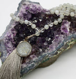 Mala ~ Moonstone + Clear Quartz Mala with Dharma Wheel - PREORDER ONLY!