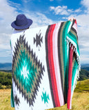 Green & Cream Thick Mexican Blanket Aztec Diamond Design