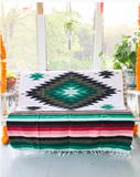 Green & Cream Thick Mexican Blanket Aztec Diamond Design