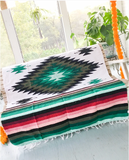 Green & Cream Thick Mexican Blanket Aztec Diamond Design