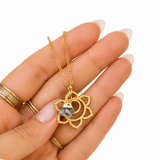 Lotus Flower Gold Necklace with Aquamarine Charm Droplet
