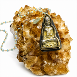 Aquamarine Beaded Chain Necklace with Luang Phor Thuad Buddha Amulet