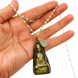 Aquamarine Beaded Chain Necklace with Luang Phor Thuad Buddha Amulet