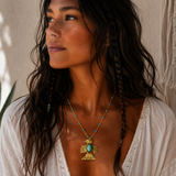 Native American Turquoise Thunderbird Pendant Beaded Gold Necklace