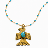 Native American Turquoise Thunderbird Pendant Beaded Gold Necklace