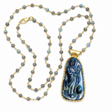 Quan Yin Labradorite Pendant Gold Necklace with Beaded Labradorite Chain
