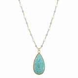Amazonite Teardrop Pendant Beaded Chain Necklace with Aquamarine, Pearl & Aqua Chalcedony