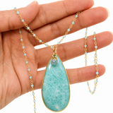 Amazonite Teardrop Pendant Necklace with Aquamarine Beaded Chain & Droplet
