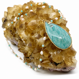 Amazonite Teardrop Pendant Beaded Chain Necklace with Aquamarine, Pearl & Aqua Chalcedony