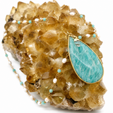 Amazonite Teardrop Pendant Beaded Chain Necklace with Aquamarine, Pearl & Aqua Chalcedony