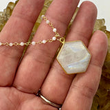 Rainbow Moonstone Hexagon Shape Gold Beaded Chain Neckace