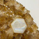 Rainbow Moonstone Hexagon Shape Gold Beaded Chain Neckace