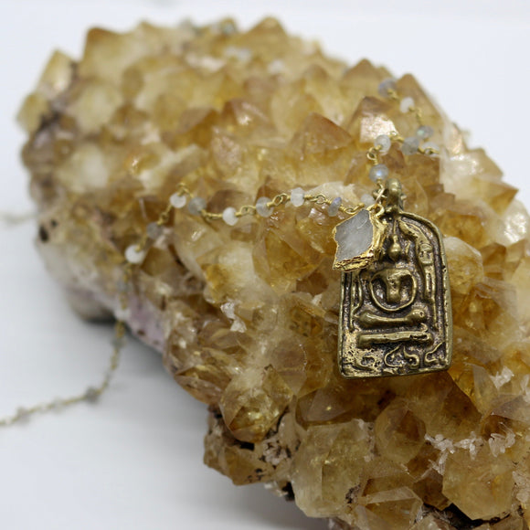 Beaded Chain ~ Sitting Buddha Pendant + Moonstone & Labradorite Beaded Chain + Moonstone Droplet