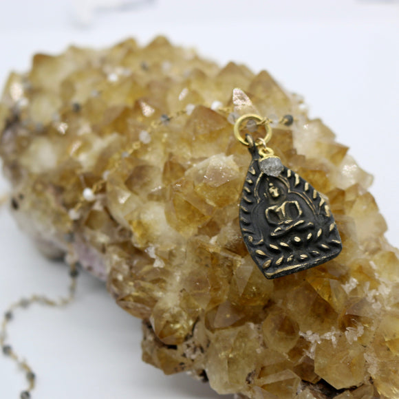 Beaded Chain ~ Thai Buddha Pendant + Moonstone + Rutilated Quartz Beaded Chain + Herkimer Diamond Droplet