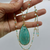 Beaded Chain ~ Amazonite Teardrop Pendant + Aqua Chalcedony + Pearl Beaded Chain + Aquamarine Droplet