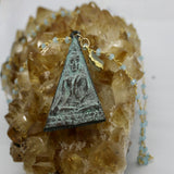 Beaded Chain ~ Patina Triangle Buddha Pendant + Aquamarine Beaded Chain + Aquamarine