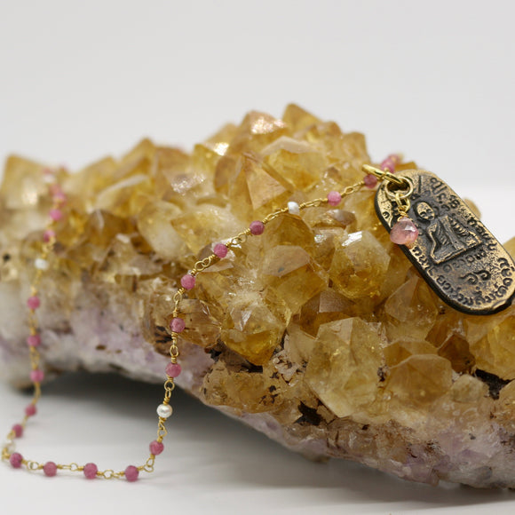 Beaded Chain ~ Oval Buddha Pendant + Pink Tourmaline & Labradorite Beaded Chain + Tourmaline Teardrop Droplet