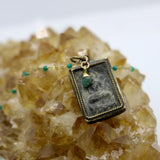 Beaded Chain ~ Square Vintage Thai Buddha Pendant + Emerald Beaded Chain + Emerald Droplet