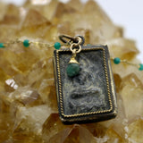 Beaded Chain ~ Square Vintage Thai Buddha Pendant + Emerald Beaded Chain + Emerald Droplet