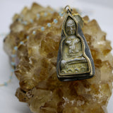 Beaded Chain ~ Vintage Thai Buddha Pendant + Aquamarine Beaded Chain + Aquamarine Droplet