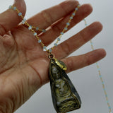 Beaded Chain ~ Vintage Thai Buddha Pendant + Aquamarine Beaded Chain + Aquamarine Droplet