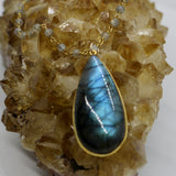 Labradorite Cabochon Teardrop Beaded Gold Necklace – Protection Crystal
