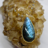 Labradorite Cabochon Teardrop Beaded Gold Necklace – Protection Crystal