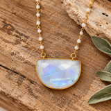 Moonstone Half Moon Beaded Gold Necklace