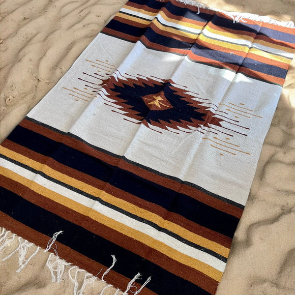 Mexican Blanket ~ 100% Wool (Brown + Mustard + Cream) LIMITED EDITION 1 ONLY - SHIPS FREE!