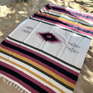 Mexican Blanket ~ 100% Wool (Wine + Gold + Cream) LIMITED EDITION 1 ONLY - SHIPS FREE!