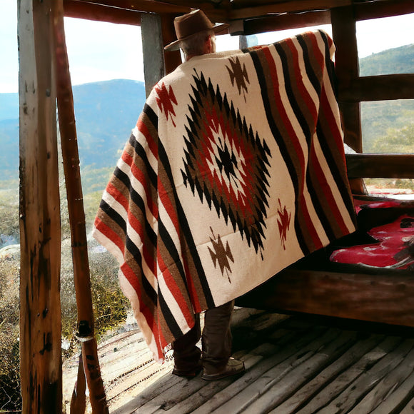 Mexican Blanket ~ Aztec Diamond Design  (Rust + Cream) - SHIPS FREE!
