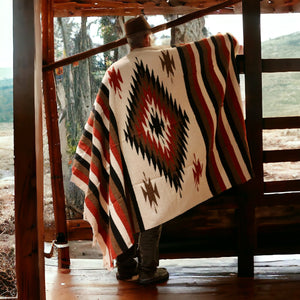 Mexican Blanket ~ Aztec Diamond Design  (Rust + Cream) - SHIPS FREE!